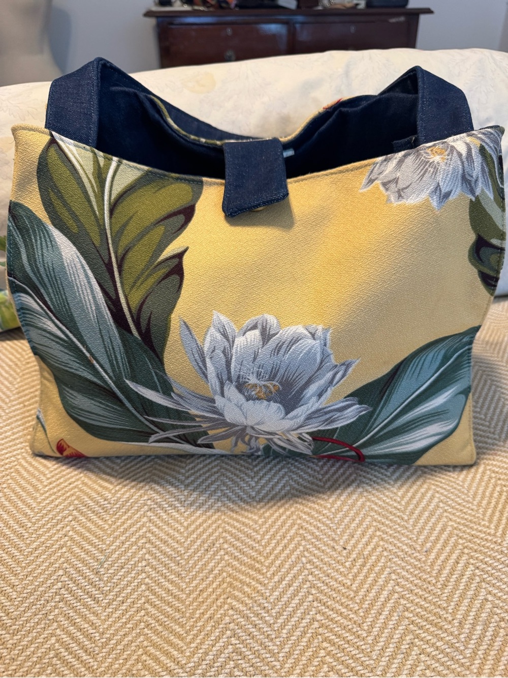 Yellow Floral Stevens Cashmere Shoulder Floral Beach Bag with Navy Denim Trim